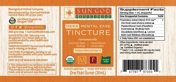 Organic Heka Mental Ease Tincture by Sun God Medicinals 1oz