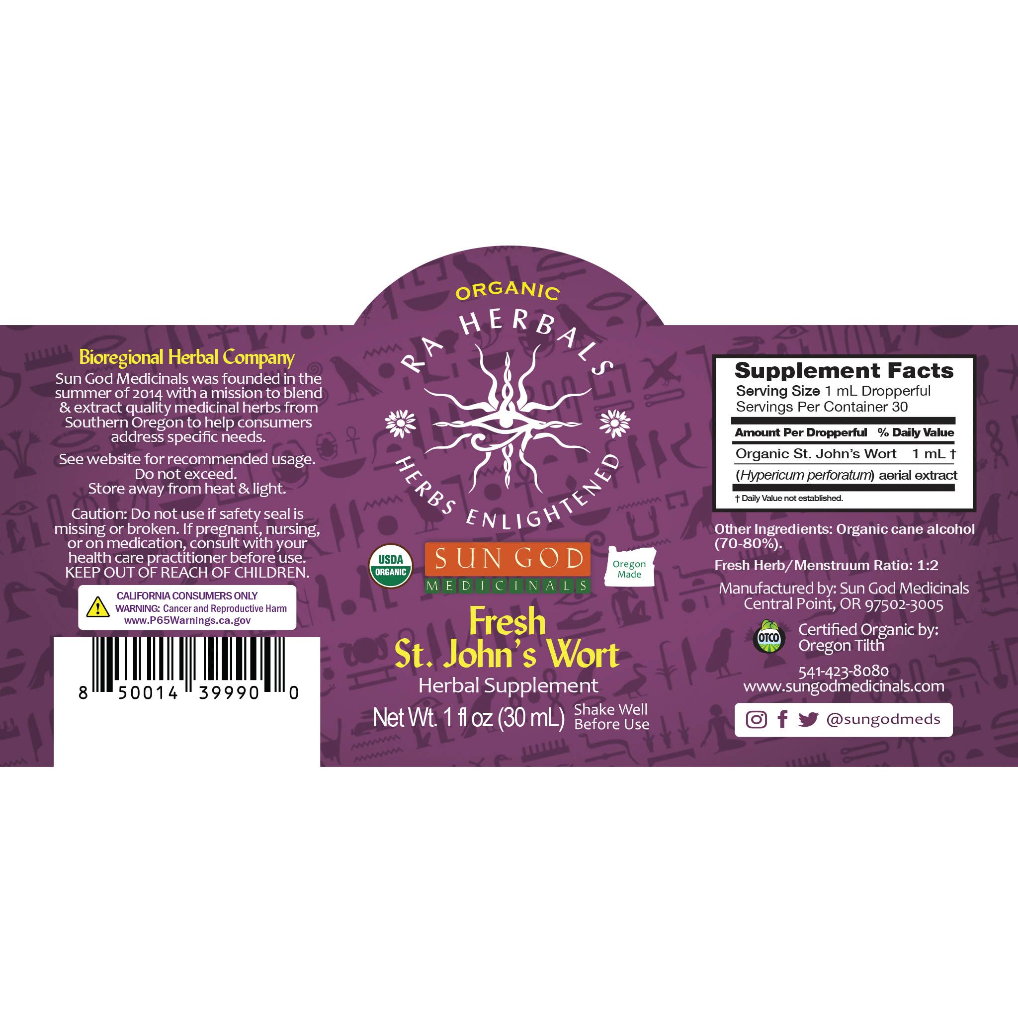 Organic Fresh St John's Wort Tincture by Sun God Medicinals 1oz