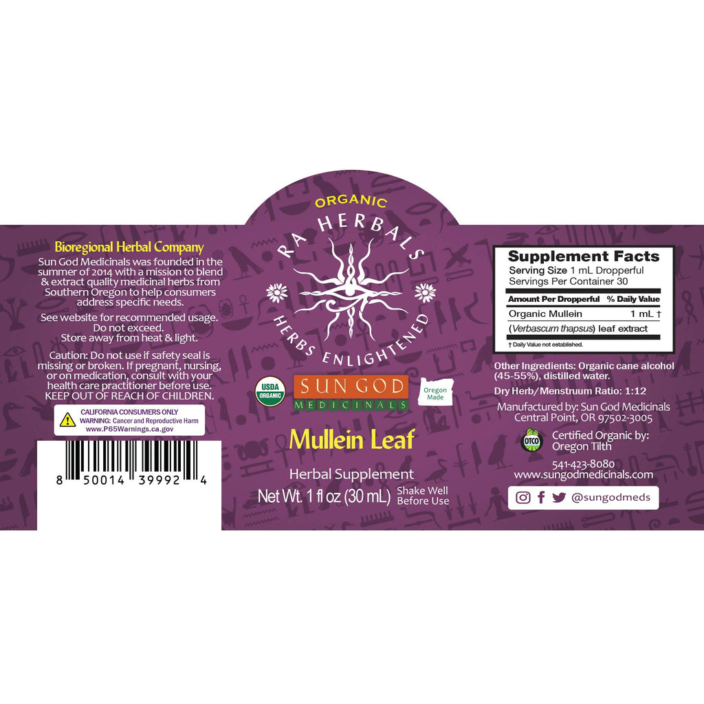 Organic Mullein Leaf Tincture by Sun God Medicinals 1oz