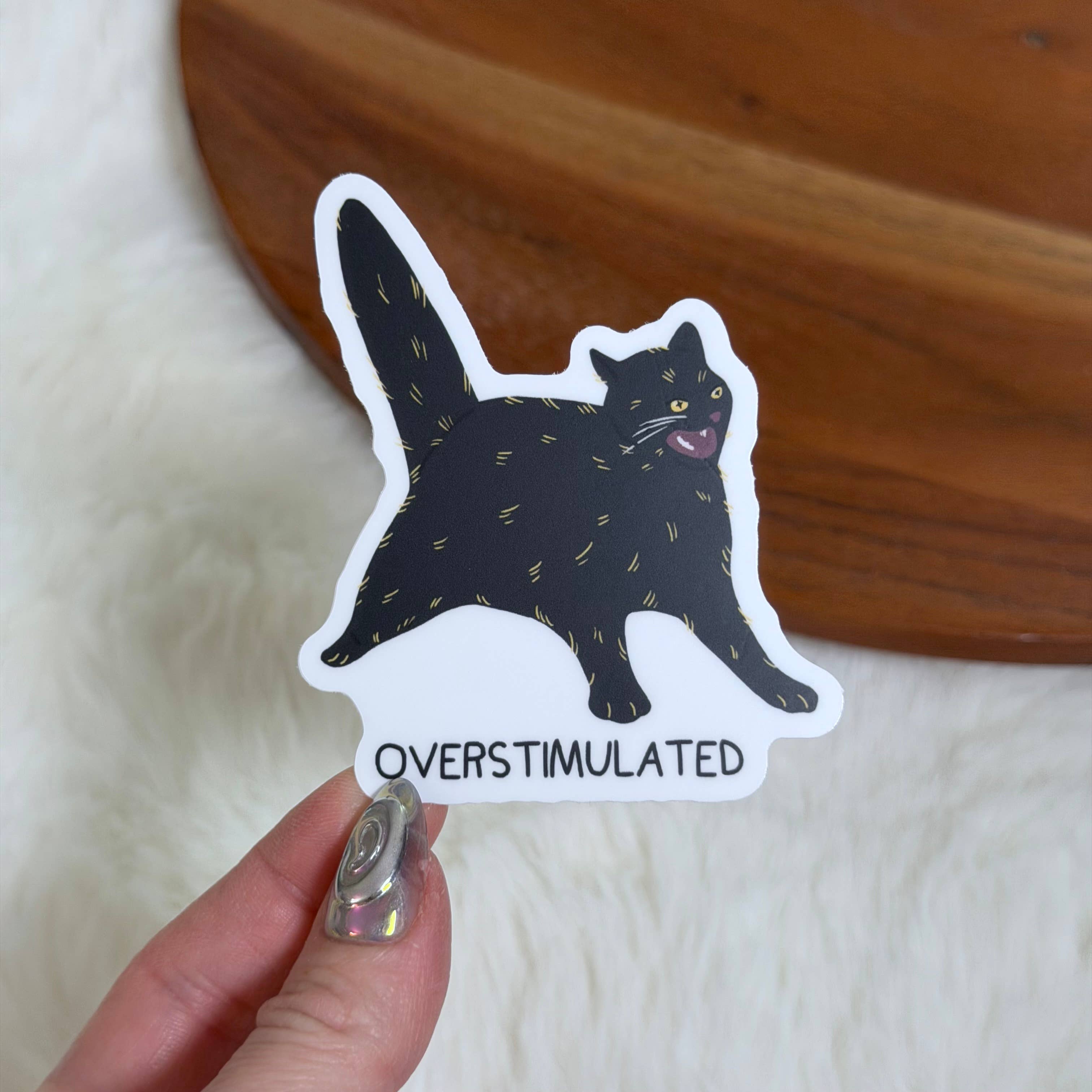 Overstimulated Black Cat Sticker by Big Moods