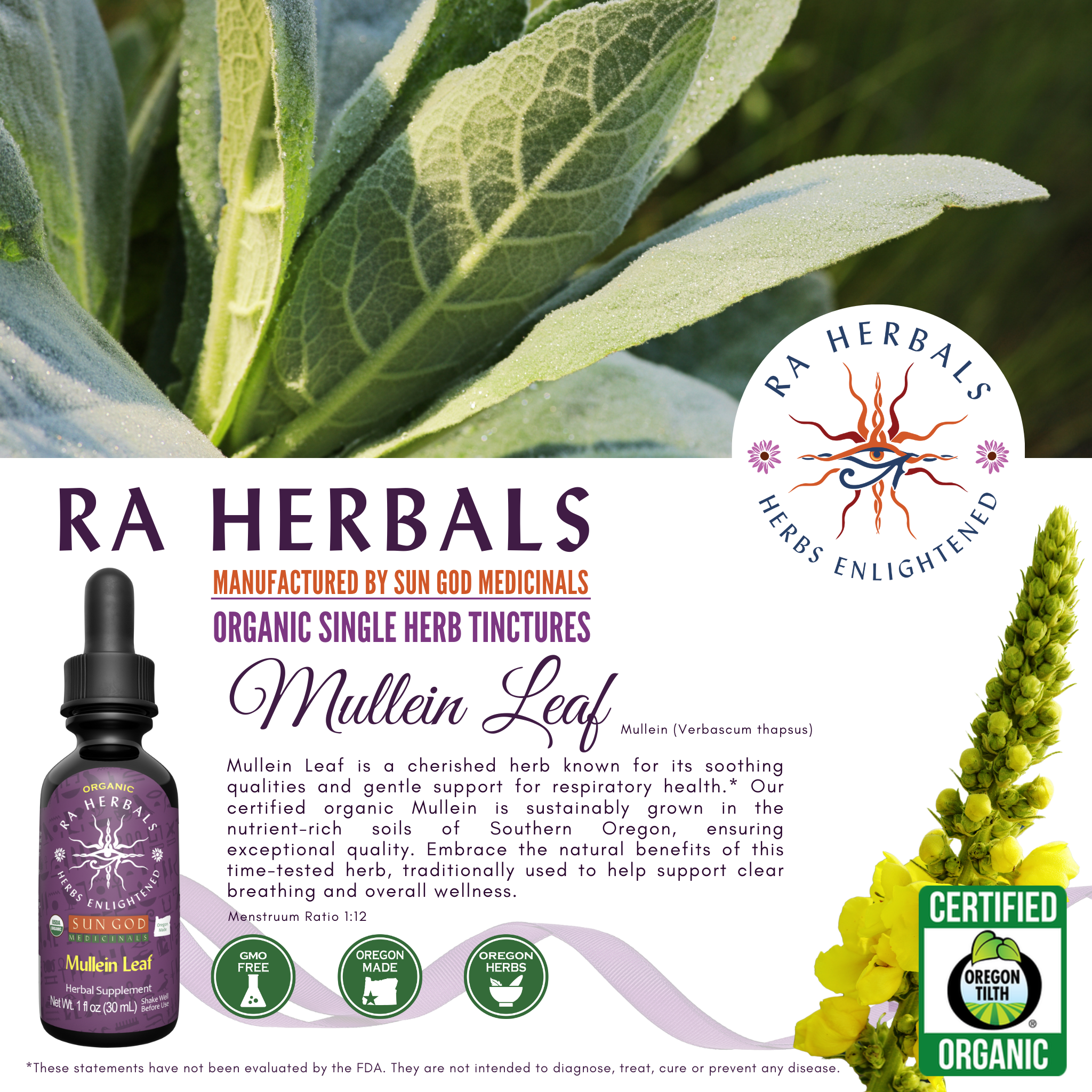 Organic Mullein Leaf Tincture by Sun God Medicinals 1oz