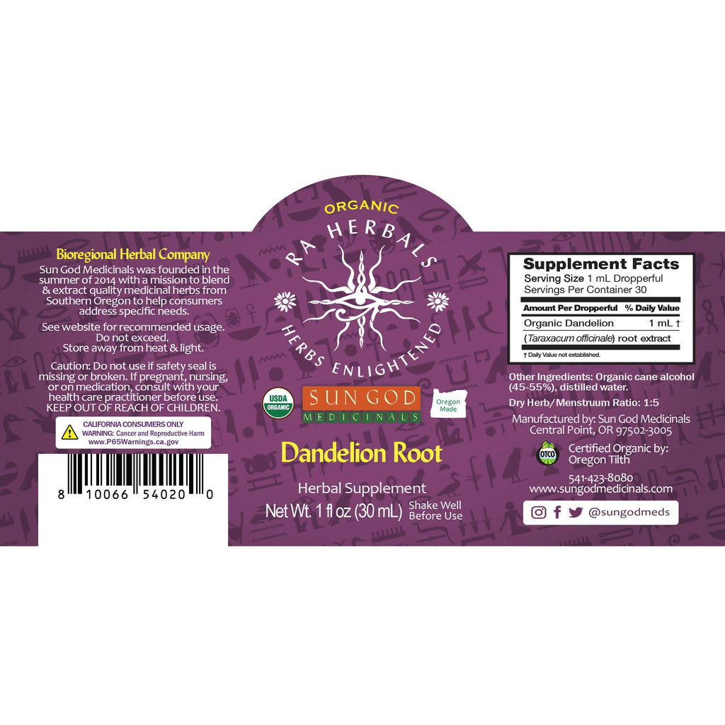 Organic Dandelion Root Tincture by Sun God Medicinals 1oz