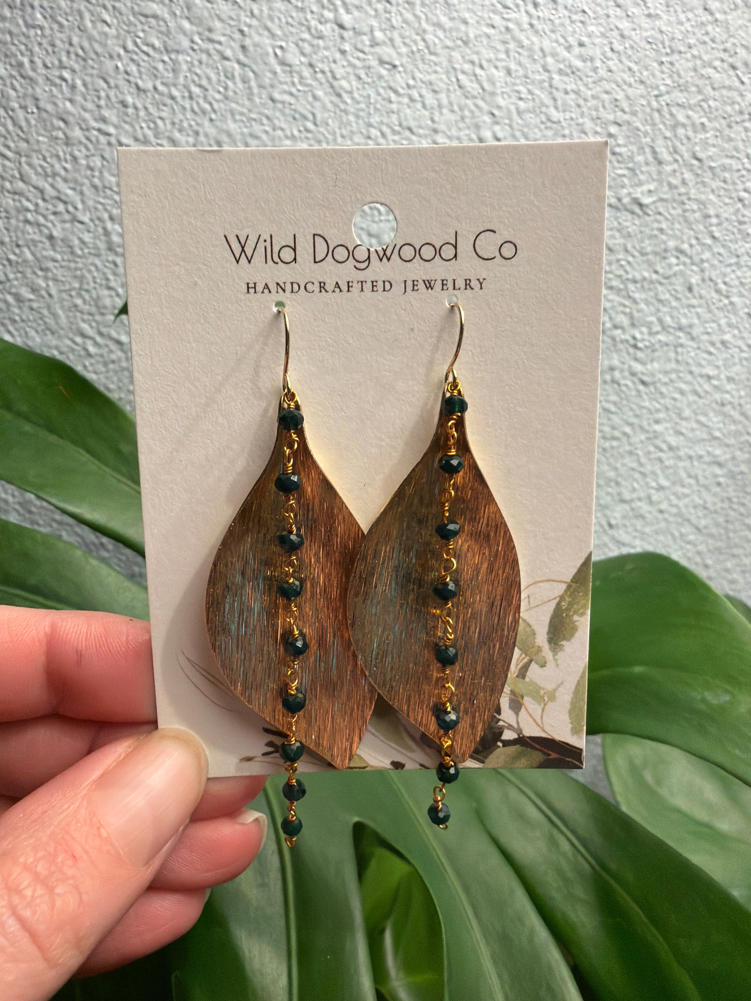 Green Beaded Leaf Dangle Earrings by Wild Dogwood Co. 1 pair