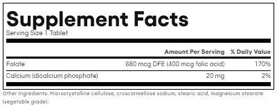 Folic Acid (400 mcg) w/ Calcium (20 mg) by Natural Factors 90 tablets
