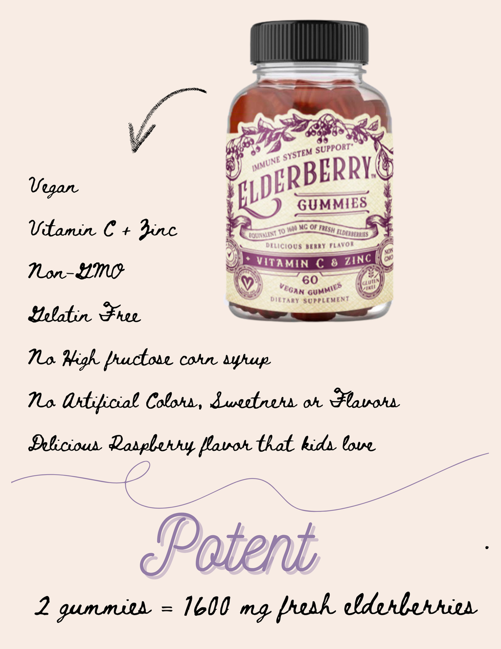 Elderberry Gummies with Vitamin C & Zinc by Roots & Leaves 60 gummes