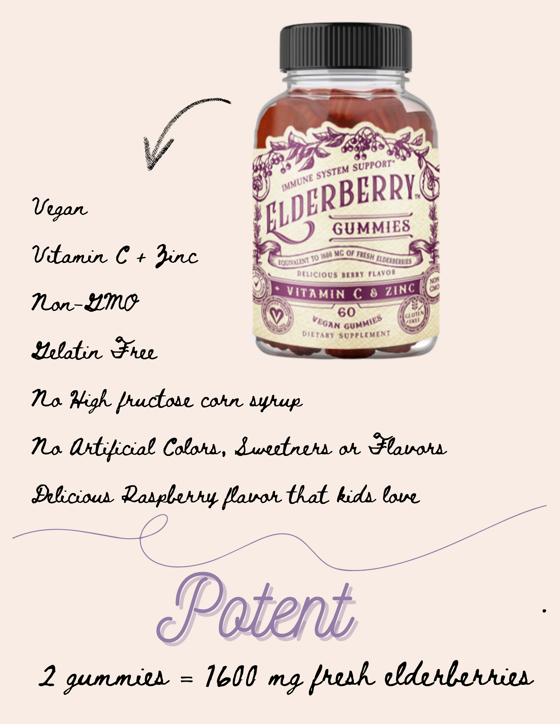 Elderberry Gummies with Vitamin C & Zinc by Roots & Leaves 60 gummes