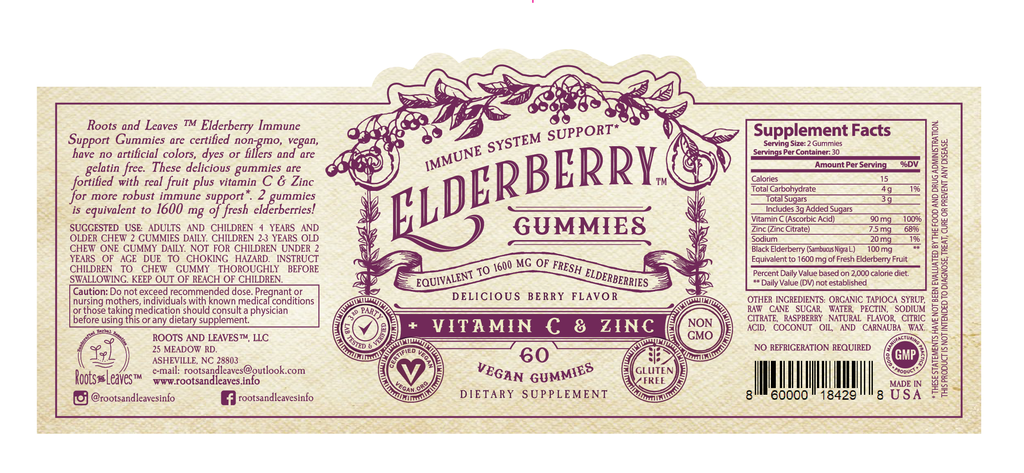 Elderberry Gummies with Vitamin C & Zinc by Roots & Leaves 60 gummes